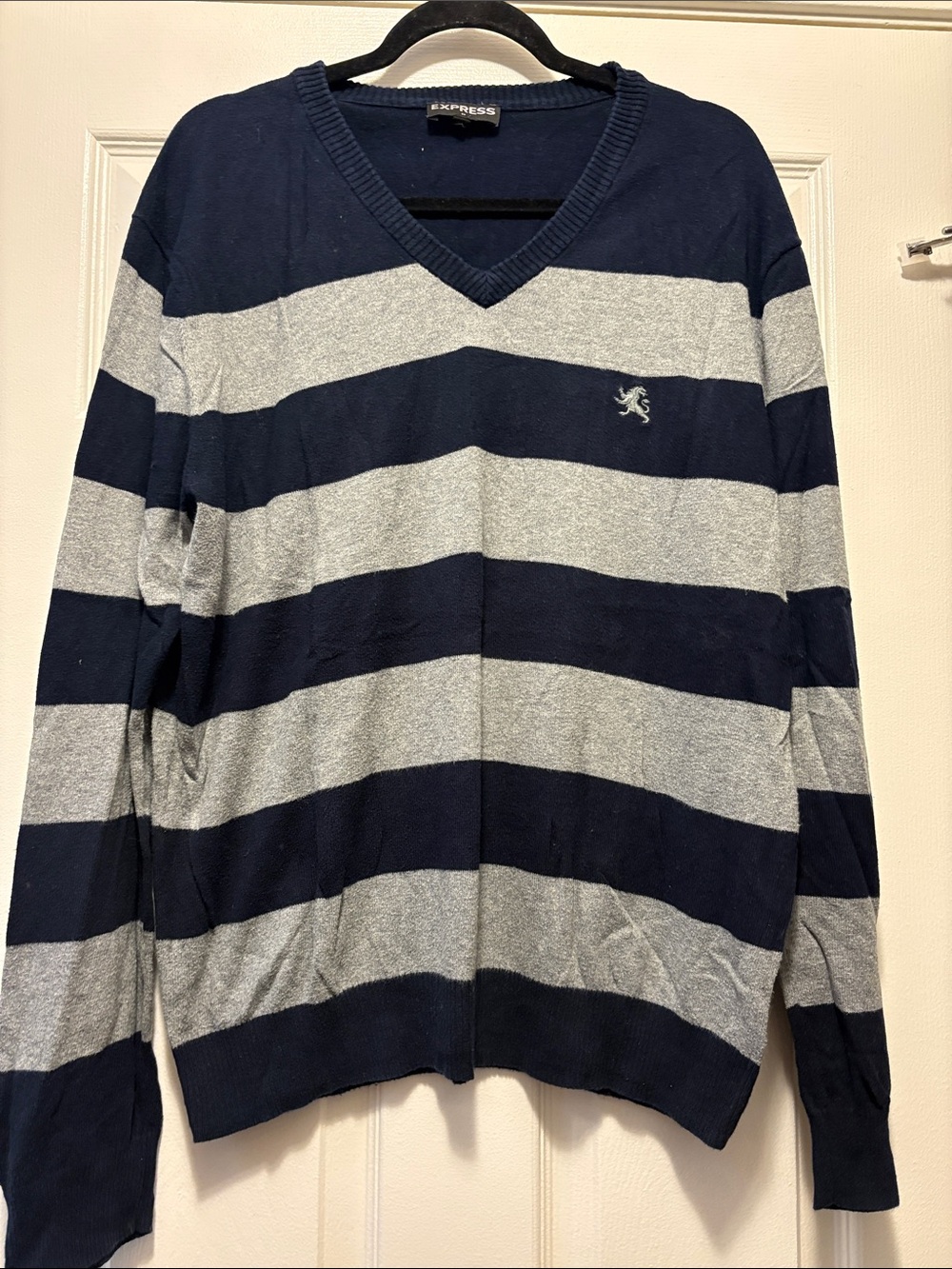 Express Men V-Neck Striped Sweater - Navy & Gray